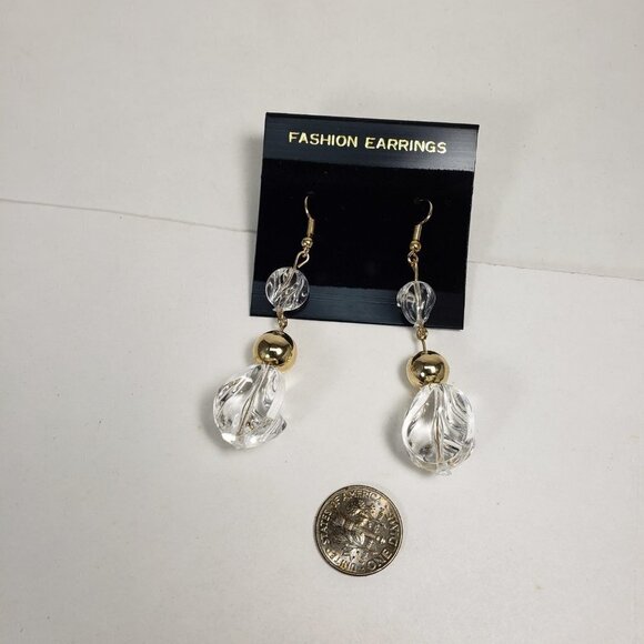 Clear Twisted Bead Drop Earrings w/ Gold tone Accent Modern Statement Dangle - Picture 6 of 10